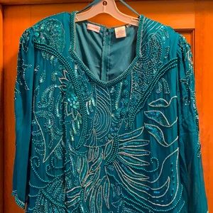 Beaded sequin dress, teal jewel tone, vintage